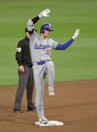 Shohei Ohtani of the Los Angeles Dodgers poses on second base after hitting a double in the eighth inning of a baseball game against the San Diego Padres on May 10, 2024, at Petco Park in San Diego, California. (Kyodo) ==Kyodo