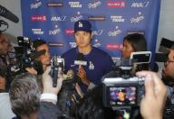 Shohei Ohtani of the Los Angeles Dodgers speaks to reporters before a baseball game against the San Diego Padres on May 12, 2024, in San Diego, California. Ohtani was not in the starting lineup due to back tightness. (Kyodo) ==Kyodo