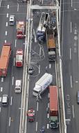 Photo taken on May 14, 2024, from a Kyodo News helicopter shows the site of a seven-car pileup on the Metropolitan Expressway in Toda in Saitama Prefecture, eastern Japan, that left three people dead. (Kyodo) ==Kyodo