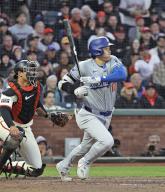 Shohei Ohtani of the Los Angeles Dodgers hits an RBI single in the fifth inning of a baseball game against the San Francisco Giants at Oracle Park in San Francisco on May 13, 2024. (Kyodo) ==Kyodo