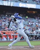 Los Angeles Dodgers designated hitter Shohei Ohtani flies out in the first inning of a baseball game against the San Francisco Giants at Oracle Park in San Francisco on May 14, 2024. (Kyodo) ==Kyodo