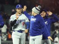 Los Angeles Dodgers designated hitter Shohei Ohtani (L) celebrates after the team