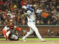 Los Angeles Dodgers designated hitter Shohei Ohtani hits an RBI double in the seventh inning of a baseball game against the San Francisco Giants at Oracle Park in San Francisco on May 14, 2024. (Kyodo) ==Kyodo
