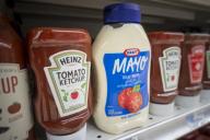 Bottles of Kraft mayonnaise and H.J. Ketchup on a supermarket shelf in New York on Monday, August 10, 2015. Kraft Heinz reported first-quarter beat analysts