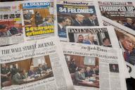 Newspapers in New York on Wednesday, April 5, 2023 report on the previous dayâs arraignment of former President Donald Trump, being charged with 34 felonies over the alleged payment of hush money to Stormy Daniels. (Â Richard B. Levine