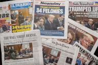 Newspapers in New York on Wednesday, April 5, 2023 report on the previous dayâs arraignment of former President Donald Trump, being charged with 34 felonies over the alleged payment of hush money to Stormy Daniels. (Â Richard B. Levine