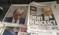 Covers of the New York Post and Daily News on Friday, August 25, 2023 both use the mug shot of former President Donald Trump from the Fulton County Sheriffâs Office. On the previous day Trump surrendered in Atlanta, GA and was booked on 13 felony charges related to his alleged efforts to overturn the election results in Georgia. (Â Richard B. Levine