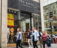 Store closing signs adorn the Ted Baker store in Midtown Manhattan in New York on Sunday, May 12, 2024. In March 2024 Ted Baker went into administration, the UK equivalent of bankruptcy. (Â Richard B. Levine