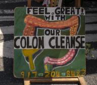 Vendor promotes a colon cleanse at a street fair in New York on Saturday, May 25, 2024. (Â Richard B. Levine