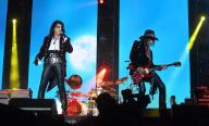 Pictured Hollywood Vampires on stage in concert at the Utilita Arena, Birmingham. The band are Alice Cooper, Joe Perry, Johnny Depp and Tommy Henriksen. 11th July 2023