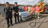 Staffordshire Police\'s "Look Again" Road Safety Campaign Staffordshire Fire & Rescue officers demonstrate a road traffic collision extraction Hanley Fire and Police Station as part of the county-wide "Look Again" Road Safety Campaign generic