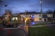 Fire fighters pictured at the scene of a fire at The Blue Bell Pub in Mansfield Road, Sutton-in-Ashfield. -- Emergency services attend the scene of a fire at The Blue Bell pub in Mansfield Road in Sutton-in-Ashfield, Nottinghamshire. Multiple 