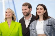 Trine Dyrholm, Magnus von Horn and Vic Carmen Sonne attend the "Pigen Med Nalen" (The Girl With The Needle) Photocall at the 77th annual Cannes Film Festival at Palais des Festivals on May 16, 2024 in Cannes, France., Credit:Pacific Coast News \/ Olivier