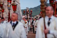 Every year, on the night between Maundy Thursday and Maundy Friday, residents of the island of Hvar, Croatia and other pilgrims walk almost 25 kilometers to follow the crucifix. The procession âFollowing the Crossâ is a pious tradition that has lasted for more than 500 years. The most impressive part of the procession takes place at dawn in front of the church itself, when the cross bearer runs the last 50 meters of the course and, in climax, ends his long Way of the Cross on his knees. On March 29, 2024. Photo: Zvonimir Barisin\/PIXSELL