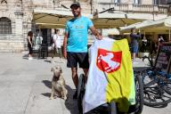 Oliver Tic Walker with his dog Carlitos arrive in Zadar, Croatia, on April 29, 2024. Slovenian traveler is on a way to walk around the world. Photo: Sime Zelic/PIXSELL