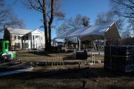 1/19/2023 - Memphis, Tennessee, USA: Outside Graceland, home of Elvis Presley, workers erected the tent and stage for services after the passing of his daughter Lisa Marie Presley, last week. - (William Farrington / Polaris