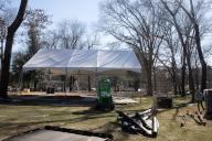 1/19/2023 - Memphis, Tennessee, USA: Outside Graceland, home of Elvis Presley, workers erected the tent and stage for services after the passing of his daughter Lisa Marie Presley, last week. - (William Farrington / Polaris