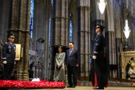 Image ÂLicensed to Parsons Media. 21/11/2023. London, United Kingdom. State Visit of the President of the Republic of Korea. Westminster Abbey. President Yoon Suk Yeol and the First Lady during a visit to Westminster Abbey, where His Excellency laid a wreath at the Grave of the Unknown Warrior. The President and the First Lady then took a tour of the Abbey, where they had the opportunity to meet pensioners from the Royal Hospital Chelsea who saw active service during the Korean War. Picture by Andrew Parsons / Parsons Media/POLARIS