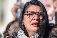 12/14/2023 - Washington, District of Columbia, United States of America: United States Representative Rashida Tlaib (Democrat of Michigan) cries while speaking at a press conference with activists calling for a ceasefire in Gaza at the House Triangle in front of the Capitol in Washington, D.C. on Thursday, December 14, 2023. (Annabelle Gordon / CNP / Polaris