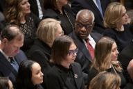 12/19/2023 - Washington, District of Columbia, United States of America: Justice Samuel Alito, Jr., Justice Amy Coney Barrett, and Justice Clarence Thomas with his wife Virginia Thomas, attend the funeral service for retired Associate Justice of the Supreme Court Sandra Day O