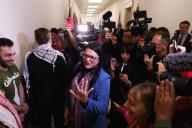 2/15/2024 - Washington, District of Columbia, United States of America: United States Representative Rashida Tlaib (Democrat of Michigan) meets with Pro-Palestinian protesters demonstrating for a ceasefire with Israel outside her office in the Rayburn House Office Building, in Washington DC, on Thursday, February 15, 2024. (Aaron Schwartz / CNP / Polaris