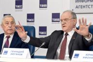 March 18, 2024 - Moscow, Russia: A press conference dedicated to summing up the results of the participation of the candidate from the Communist Party of the Russian Federation in the 2024 Russian presidential elections, Chairman of the Russian State Duma Committee for the Development of the Far East and the Arctic Nikolai Kharitonov at the TASS press center. Election candidate, Chairman of the Russian State Duma Committee for the Development of the Far East and the Arctic Nikolai Kharitonov (left) and the leader of the Communist Party of the Russian Federation, head of the Communist Party faction in the Russian State Duma Gennady Zyuganov (right) during the press conference. (Irina Buzhor/Kommersant/Polaris