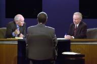 October 5, 2000 - Danville, Kentucky, United State: Democratic Vice Presidential Candidate United States Senator Joseph Lieberman (Democrat of Connecticut), right, and Republican Hopeful Dick Cheney, left, aim their comments at each other before moderator Bernard Shaw during the VP debate at Centre College in Danville, Kentucky against Richard B. Cheney Thursday October 5, 2000. (John Simpson /CNP/Polaris