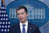 3\/27\/2024 - Washington, District of Columbia, United States of America: United States Secretary of Transportation Pete Buttigieg participates in a news conference in the James Brady Press Briefing Room of the White House, in Washington, DC, USA, 27 March 2024. US Secretary of Transportation Pete Buttigieg and Deputy Commandant for Operations for the United States Coast Guard, Vice Admiral Peter Gautier, attended the news conference to discuss the collapse of the Francis Scott Key Memorial Bridge, which left six presumed dead after a cargo ship struck the bridge and destroyed it early on the 26th of March. (Michael Reynolds \/ CNP \/ Polaris