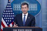 3\/27\/2024 - Washington, District of Columbia, United States of America: United States Secretary of Transportation Pete Buttigieg participates in a news conference in the James Brady Press Briefing Room of the White House, in Washington, DC, USA, 27 March 2024. US Secretary of Transportation Pete Buttigieg and Deputy Commandant for Operations for the United States Coast Guard, Vice Admiral Peter Gautier, attended the news conference to discuss the collapse of the Francis Scott Key Memorial Bridge, which left six presumed dead after a cargo ship struck the bridge and destroyed it early on the 26th of March. (Michael Reynolds \/ CNP \/ Polaris