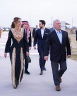 Jordanian King Abdullah II and Queen Rania meet with notables and representatives of the people of the Central Badia, in the presence of Prince Hussein bin Abdullah II, Crown Prince, Jordan, on March 28, 2024. (APAImages\/Polaris