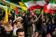 April 1, 2024 - Tehran, Iran: Protesters have gathered in Palestine Sq. after Israeli strike on Iranian embassy in Syria. Seven officers, including three generals in Iranâs Quds Force, were reported killed in the attack on the building in Damascus. (Arash Khamooshi / Polaris