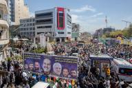 April 5, 2024 - Tehran, Iran: The photo of Seven IRGC members killed during an airstrike attack by Israeli forces on IranÃs consulate in Syria is hung for their funeral procession. Thousands of people chanted against Israel and the United States at today