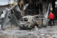 April 19, 2024 - Dnipro, Ukraine: A burned car is seen at the service station destroyed as a result of the Russian missile attack, Dnipro, eastern Ukraine. (Mykola Miakshykov\/Ukrinform \/ Polaris