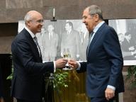 Opening ceremony of a photo-documentary exhibition dedicated to the 70th anniversary of the accession of Russia (USSR) to the United Nations Educational, Scientific and Cultural Organization (UNESCO), in the building of the Ministry of Foreign Affairs (MFA) of Russia. Russian Foreign Minister Sergei Lavrov (right) and CEO of the Russian Information Agency TASS Andrei Kondrashov (left) during the ceremony. 22.04.2024 Russia, Moscow (Dmitry Dukhanin/Kommersant/POLARIS