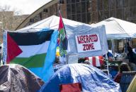 April 24, 2024 - Cambridge, Massachusetts, United States: MIT students and non MIT students protesting Israel\'s war in Gaza. MIT students peacefully camping under tents on the lawn in front of the student center. (Rick Friedman \/Polaris