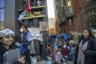 April 24, 2024 - Boston, Massachusetts, United States: Emerson College students and non Emerson students protesting Israelâs war in Gaza. Students blocking an alley that connects to several Emerson College buildings and the Massachusetts Transportation Building. The alley is a public walkway. (Rick Friedman \/Polaris