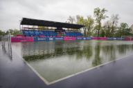 KYIV, UKRAINE - APRIL 24, 2024 - A stadium is flooded in Hidropark, a recreational park, due to rising water levels in the Dnipro River, Kyiv, capital of Ukraine. (Ukrinform\/POLARIS