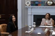 4/25/2024 - Washington, District of Columbia, United States of America: US media personality Kim Kardashian (L) attends an event on Second Chance Month with US Vice President Kamala Harris (R) in the Roosevelt Room of the White House in Washington, DC, USA, 25 April 2024. The White House issued a proclamation on Second Chance Month regarding efforts to give more than 650,000 people annually released from state and federal prisons in the United States âa fair shot at the American Dreamâ. (Michael Reynolds / CNP / Polaris