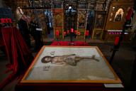 LVIV, UKRAINE - APRIL 25, 2024 - An old cloth icon, known as an epitaphion, from a Halychyna church is displayed at the Church of Hieromartyr Klymentii Sheptytskyi of the Ukrainian Greek Catholic Church, Lviv, western Ukraine. (Ukrinform\/POLARIS