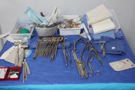 IVANO-FRANKIVSK, UKRAINE - APRIL 25, 2024 - Surgical instruments are pictured during a reconstructive surgery on a patient with a military trauma of the maxillofacial area conducted by surgeons of the Face the Future medical mission from Canada and the USA, joined by Ukrainian colleagues, Ivano-Frankivsk, western Ukraine. (Ukrinform\/POLARIS