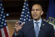 5\/1\/2024 - Washington, District of Columbia, United States of America: United States House Minority Leader Hakeem Jeffries (Democrat of New York) offers remarks during his weekly press conference at the US Capitol in Washington, DC, Wednesday, May 1, 2024. (Rod Lamkey \/ CNP \/ Polaris