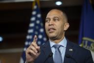 5\/1\/2024 - Washington, District of Columbia, United States of America: United States House Minority Leader Hakeem Jeffries (Democrat of New York) offers remarks during his weekly press conference at the US Capitol in Washington, DC, Wednesday, May 1, 2024. (Rod Lamkey \/ CNP \/ Polaris