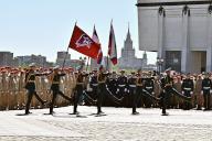 The military-patriotic event âSymbols of the Great Victoryâ took place on the eve of the 79th anniversary of Victory in the Great Patriotic War on Poklonnaya Hill. Initiation ceremony for schoolchildren and students of pre-university educational organizations of the Russian Ministry of Defense. Znamenny group during the removal of the Russian flag and the Yunarmiya flag. 03.05.2024 Russia, Moscow (Alexander Miridonov\/Kommersant\/POLARIS