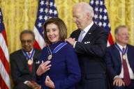 5/3/2024 - Washington, District of Columbia, United States of America: United States President Joe Biden presents former Speaker of the US House of Representatives Nancy Pelosi (Democrat of California) with the Presidential Medal of Freedom, the countryâs highest civilian honor, during a ceremony in the East Room of the White House in Washington, DC on Friday, May 3, 2024. Several of todayâs recipients are Democratic Party stalwarts, and Biden himself was awarded the honor by former President Barack Obama in the final days of their administration in 2017. (Jonathan Ernst / CNP / Polaris