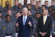 4\/5\/2024 - Washington, District of Columbia, United States of America: United States President Joe Biden participates in the ceremony presenting the Commander-in-Chiefâs Trophy to the United States Military Academy Army Black Knights at the White House in Washington, DC, May 6, 2024. Looking on at right is head coach Jeff Monken. (Chris Kleponis \/ CNP \/ Polaris
