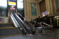 KYIV, UKRAINE - MAY 07, 2024 - People go up the escalator on the premises of the Central Railway Station, Kyiv, capital of Ukraine. (Ukrinform\/POLARIS