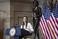 5\/8\/2024 - Washington, District of Columbia, United States of America: Arkansas Governor Sarah Huckabee Sanders (Republican) offers remarks as Congressional Leaders host a Statue Dedication ceremony honoring Daisy Bates of Arkansas, in Statuary Hall at the U.S. Capitol in Washington, DC, Wednesday, May 8, 2024. (Rod Lamkey \/ CNP \/ Polaris