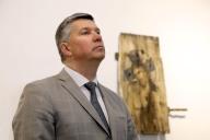 KYIV, UKRAINE - MAY 9, 2024 - Temporary Acting Minister of Culture and Information Policy of Ukraine Rostyslav Karandieiev (L) attends the opening of the Icons on Ammo Boxes exhibition in the Great Lavra Bell Tower of the Kyiv-Pechersk Lavra, Kyiv, capital of Ukraine. (Ukrinform/POLARIS