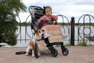 KYIV, UKRAINE - MAY 12, 2024 - A girl in a pram and a dog are seen with placards during the action in support of the captured defenders of Mariupol "Donât be silent! Captivity Kills" on Obolonska embankment, Kyiv, capital of Ukraine. (UKRINFORM/POLARIS