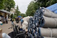 KHARKIV, UKRAINE - MAY 13, 2024 - Mattresses and wheelchairs are available at a centre for people evacuated from Kharkiv region, Kharkiv, northeastern Ukraine. (Ukrinform/POLARIS
